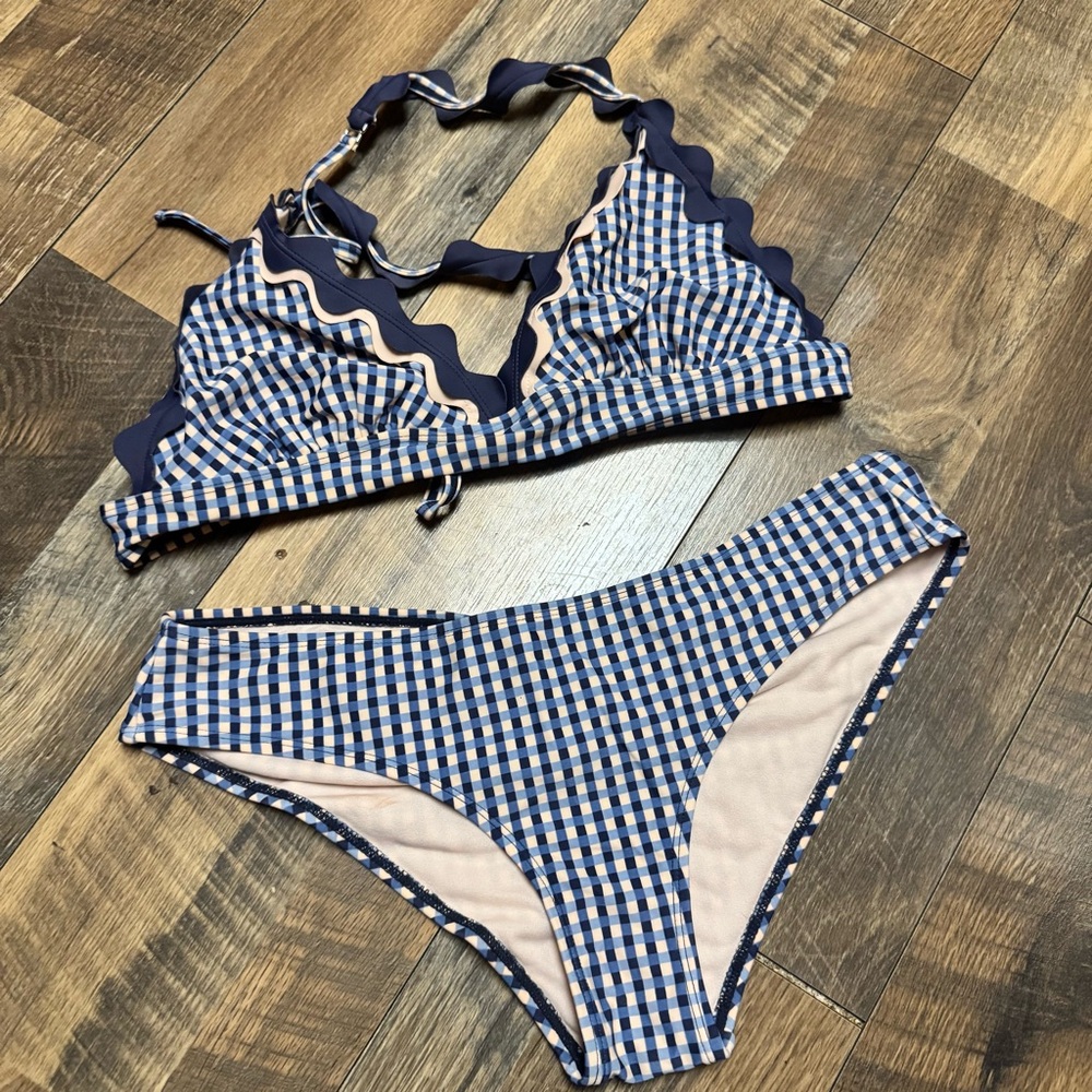 Blue and White Gingham Scallop Trim Bikini Set